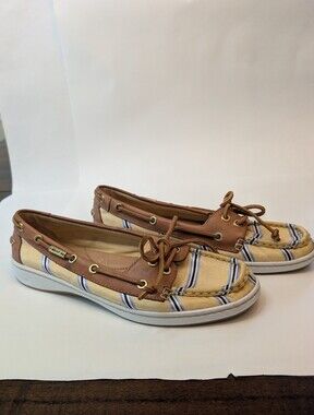 Yellow Coach Boat Shoes W/ Striped Canvas And Leather Trim. Size 9.5
